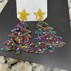 NWT Christmas Tree Rhinestone Colorful Glitter Large Lightweight Earrings